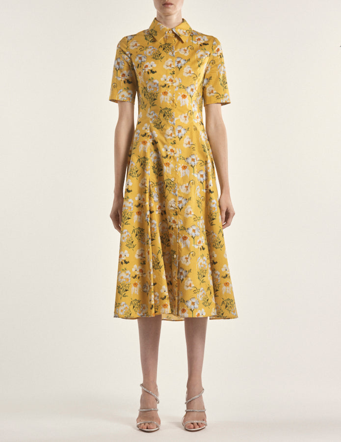 Short Sleeve Shirt Dress in Yellow Matilija Poppy Cotton