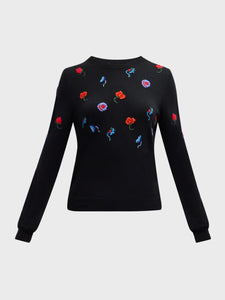 Floral Embroidered Cashmere Crewneck Sweater