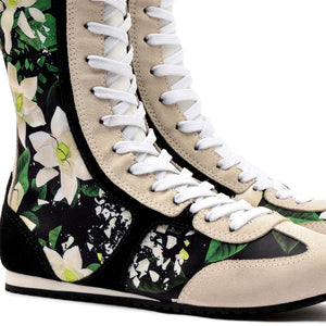 Larroude x Jonathan Cohen Flat Hi Sneaker Boot In Black Gardenias Satin And Black Suede