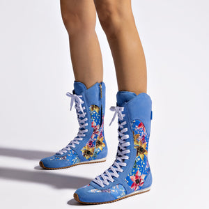 Larroude x Jonathan Cohen Flat Lo Sneaker Boot In Dodger Blue and Gardenias Colored Satin