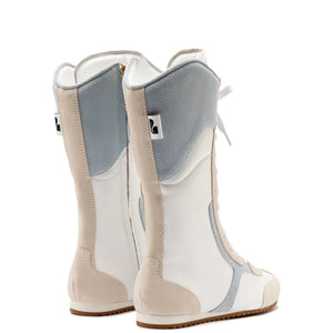 Larroude x Jonathan Cohen Flat Lo Sneaker Boot In White Leather, Maya and Mushroom Grey Suede