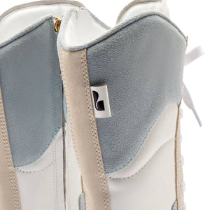 Larroude x Jonathan Cohen Flat Lo Sneaker Boot In White Leather, Maya and Mushroom Grey Suede