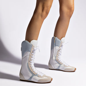 Larroude x Jonathan Cohen Flat Lo Sneaker Boot In White Leather, Maya and Mushroom Grey Suede