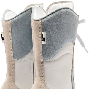 Larroude x Jonathan Cohen High Heel Sneaker Boot In White Leather, Maya and Mushroom Grey Suede