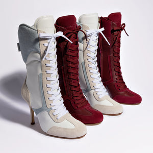 Larroude x Jonathan Cohen High Heel Sneaker Boot In White Leather, Maya and Mushroom Grey Suede