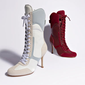 Larroude x Jonathan Cohen High Heel Sneaker Boot In White Leather, Maya and Mushroom Grey Suede