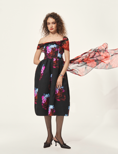 Floral Print Off-Shoulder Midi Dress with Cape Details