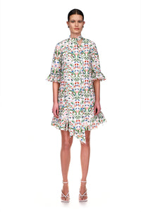 short garden party dress Shoulder Pads Short Sleeve Jacquard High Neck, Garden Party Mini Dress in Hot Pink, Size XS, For Cocktail