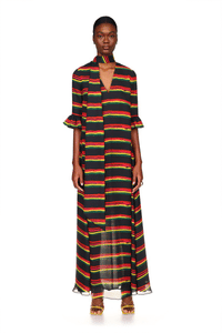 Long Dress with Bow Collar in Eclipsed Stripe Silk