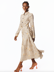 Pleated Shirt Dress with Scarf Attachment in Bumble Bee Silk